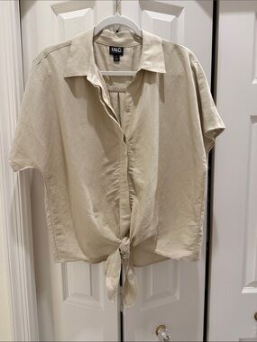 INC International Concepts Beige Short-Sleeve Tie-Front Button Shirt